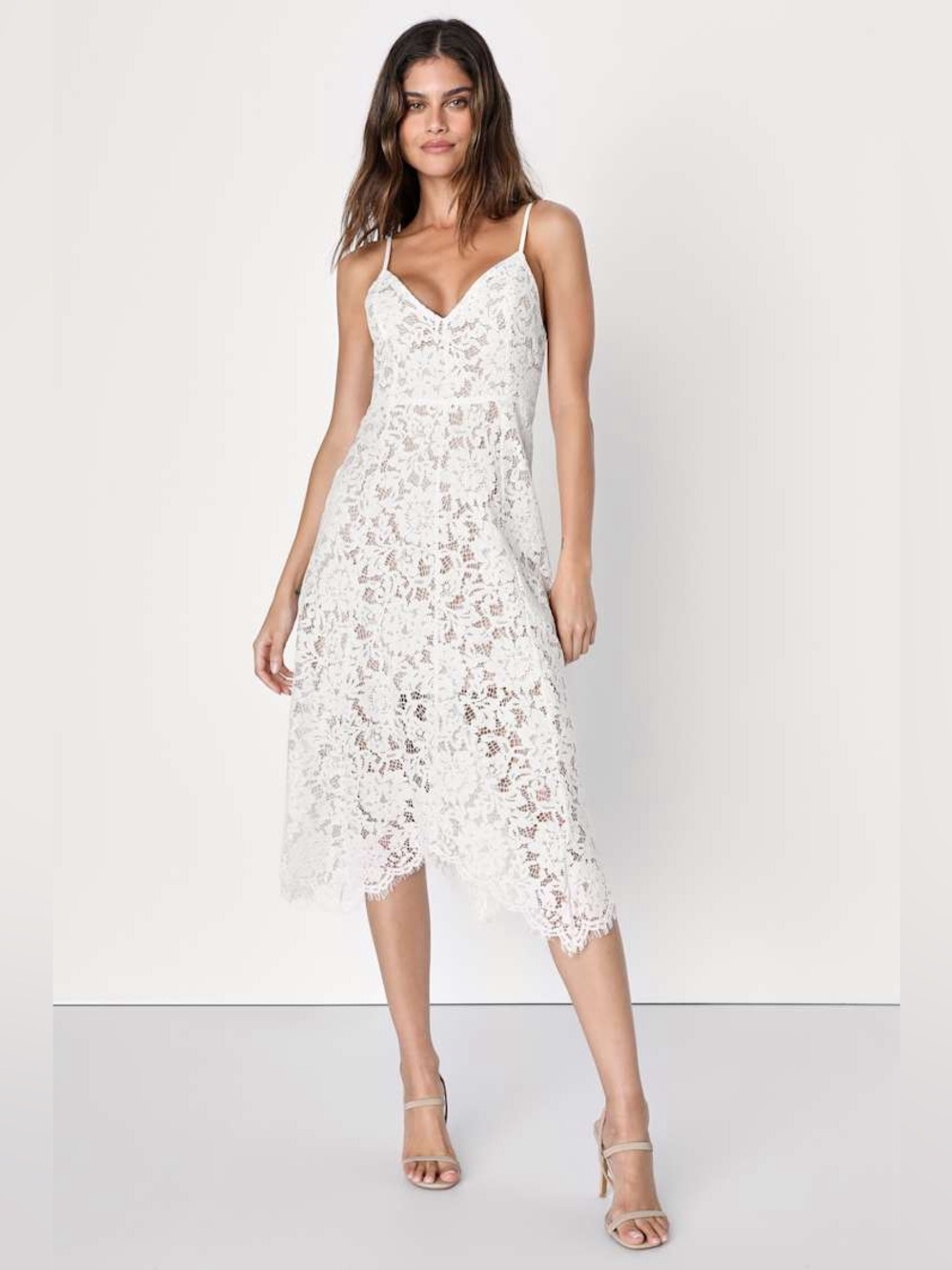 Lulus One Wish White Lace Midi Dress Medium Bridal Bachelorette Graduation